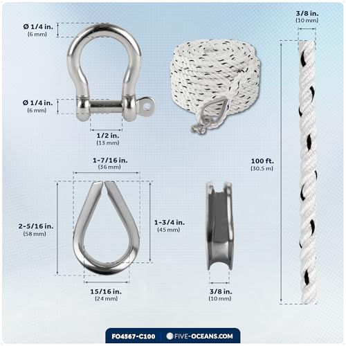 Five Oceans Anchor Line 3/8" x 100', Anchor Rope Line, Marine Premium 3-Strand White Nylon Boat Anchor Rope - Stainless Steel Thimble and Shackle, Ideal for Mooring Anchoring Towing - FO4567-C100 - style: 3/8 inch x 100 ft