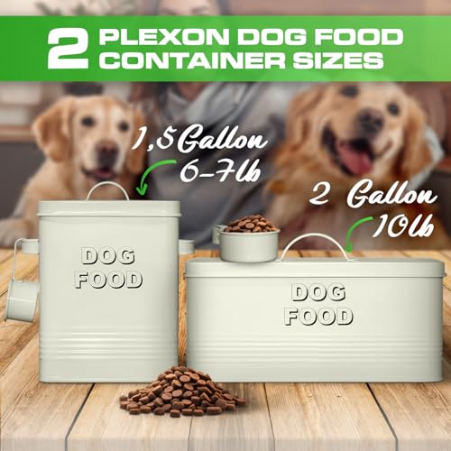 Plexon Metal Dog Food Storage Container with Scoop - Small Dog Food Container Holder Treat Jar Bin with Lid - Pet Chow Storage Canister Tin, 1.5 Gallon, 7 lbs, Off-White - color: Off-white, 1.5 Gall Capacity