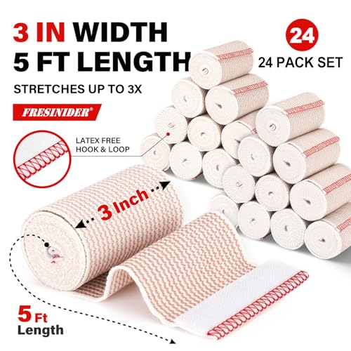 FRESINIDER Premium Elastic Bandage Wrap 3 Inch, 24 Pack, Hook and Loop | Versatile 3-Inch Cotton Compression Wrap for Ankle, Wrist and Elbow; Bulk Box for Clinics, Teams and First-Aid Stations. - color: 24 Pack X 3 Inches