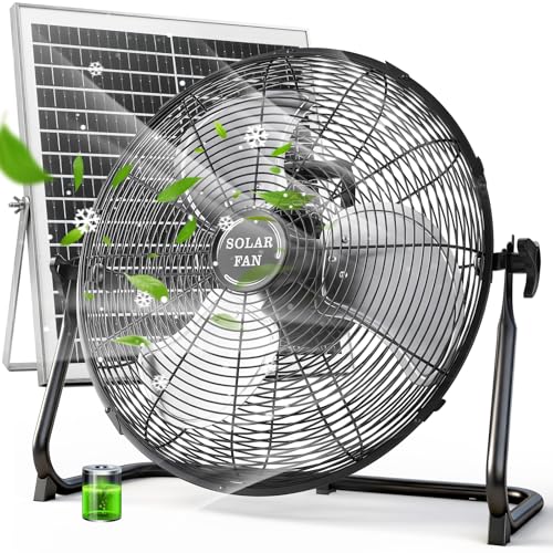 18'' Solar Powered Fan with 30W Solar Panel, Portable Solar Operated Outdoor Floor Fan for Camping, Home, Patio, Worksite - Stepless Speed, Metal Construction and Aluminum Blades