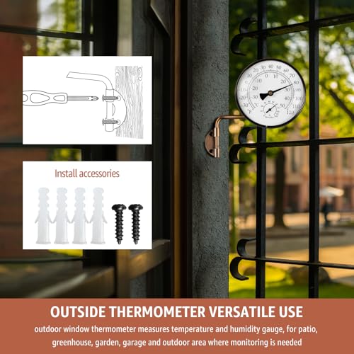 4" Brass Analog Outdoor Thermometer & Humidity Gauge, Vintage Decor | Easy Install, Battery-Free, Window Readable for Patio Garden Garage Greenhouse - color: 4 INCH
