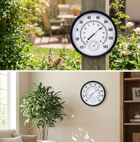 10 Inch Large Indoor Outdoor Thermometer & Hygrometer - Waterproof Analog Wall Thermometer for Patio, Garden, Garage, Greenhouse - Decorative Dial, No Battery Needed, Black