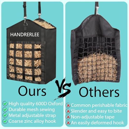 Hay Bags for Horses, 1PCS Slow Feed Hay Bags for Goats, Sheep, Donkey, Two-Sided Premium Oxford Hay Feed Bags and High Strength Metal Clasp, Easy to Hang with Adjustable Strap(Black, Large 1 Pack) - size: 1PCS