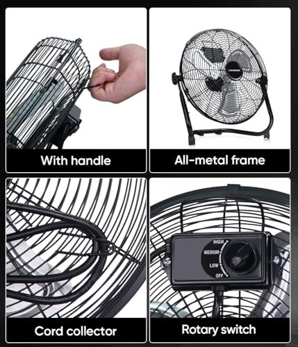 KEN BROWN 2300 CFM 14 Inch High Velocity Box Fan, Aluminum Blades Metal Floor Fan with 3 Speeds, 360° Tilt, Heavy Duty Metal, Cooling for Home Patio Industrial - size: 14 Inch Floor Fan