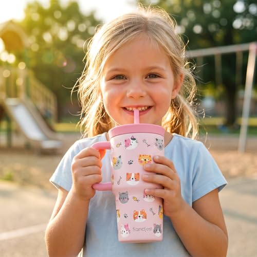 SANDJEST Cat Stainless Steel Tumbler 20oz with Handle and Silicone Straw Locking Lid for Kids Girls, Birthday Christmas Back to School - color: Cat