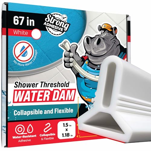 67" White Shower Threshold Water Dam Barrier, 1.5" Tall Water Stopper Strip | Flexible 1.5-inch-tall door seal helps contain splashes, block leaks and keep bathroom floors dry around walk-in showers - color: White, style: 67 In