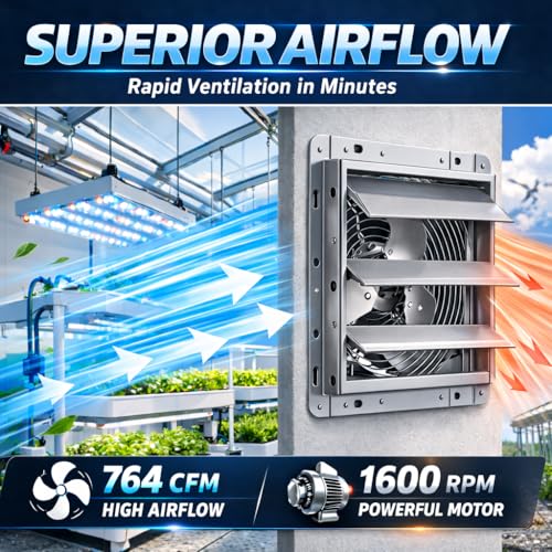 Hon&Guan 12 Inch Shutter Exhaust Fan with Stepless Speed Controller, 764 CFM High Airflow, 1600 RPM Wall Vent Fan, Automatic Gravity Shutters, Easy Install for Garage, Shed & Greenhouse, Gunmetal Gray - color: Gray, size: 12 Inch