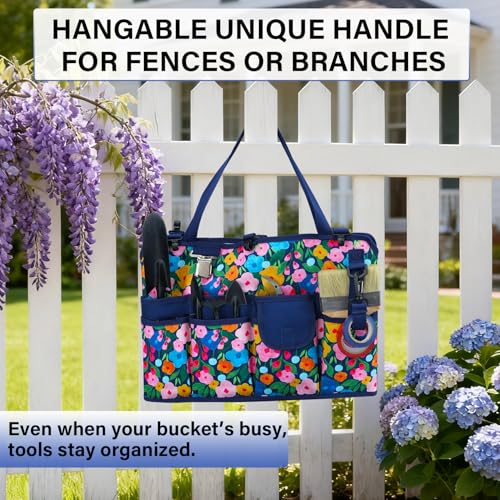 KUNN 18-Pocket Bucket Tool Organizer | Heavy-Duty 5 Gallon Bucket Caddy with Hangable Handle | Gardening Tool Bag & Garden Caddy Accessory for Gardeners, Blue - color: Blue Bloom