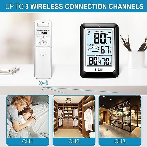Indoor Outdoor Thermometer Wireless Weather Station, Internal External Thermometer Hygrometer, Home Batteryoperated Temperature Humiditymonitors330 Feet (About 100 Meters) Backlight Display (Black) - color: Black