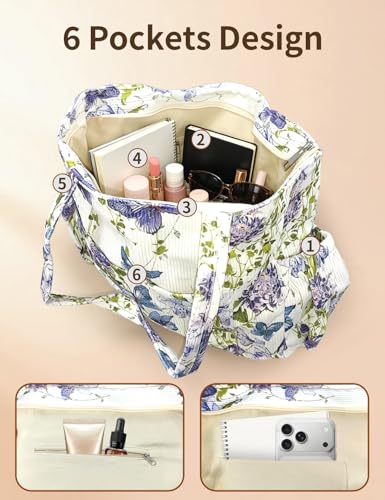 Corduroy Tote Bag for Women, Cute Floral Tote Bag with Zipper, Large Shoulder Handbag with Multi-Pockets for Work Travel Gym - color: Purple Butterfly