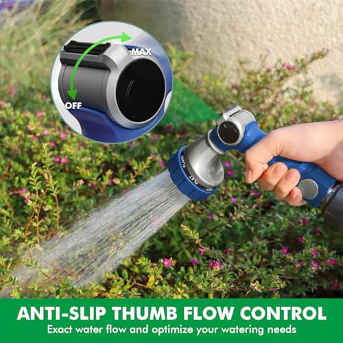 RESTMO Heavy Duty Hose Nozzle, Metal Garden Water Hose Sprayer | 7 Watering Patterns, Easy Thumb Control, On Off Valve, Leak Proof Nozzle Sprayer for Watering Plants, Washing Car & Pet - color: Blue