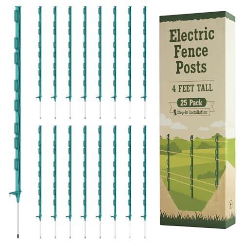 Electric Fence Posts, Garden Poles, Kit for Wire Fencing, Green, 4Ft, 25 Pk | Houseables Step In Fence Post, Electric Fencing, Garden Stakes, Deer, Livestock, Temporary, Fiberglass, Plastic, Ground Rod