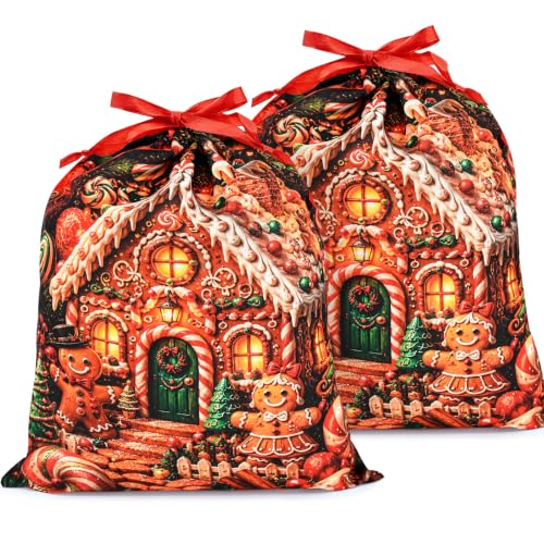 KzgtY Christmas Candy House 2PCS Gift Bags with Drawstring, 16 x 12 Inch Reusable Present Sacks for Christmas,Brithday, Holidays,Parties & Gift Packaging - color: Christmas Candy House