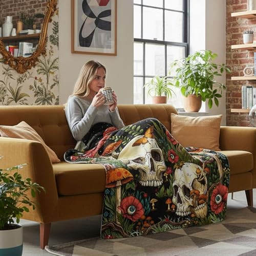 Modern Gothic Skeleton Blanket Gifts for Men Women Kids Romantic Starry Night Floral Skull Throw Blanket Gifts 50"x60" - color: Red