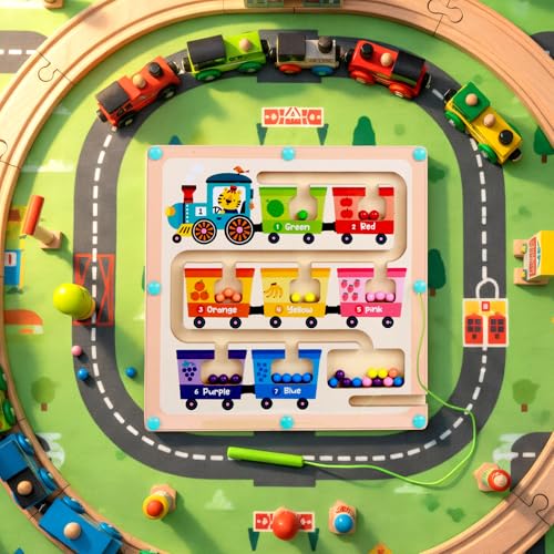 Fruit Train Maze Magnetic Busy Board & Travel Toy for Toddlers Ages 2-4 | Wooden Magnetic maze travel activity for toddlers that builds fine motor skills, focus and screen-free learning on the go. - color: Train Magnetic Maze