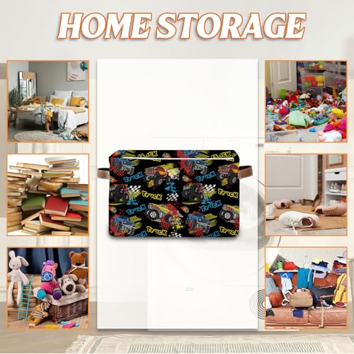 Rectangle Truck Storage Basket, 14.9"11"9.4" Collapsible Box Bin with Handles - color: Monster Truck-black