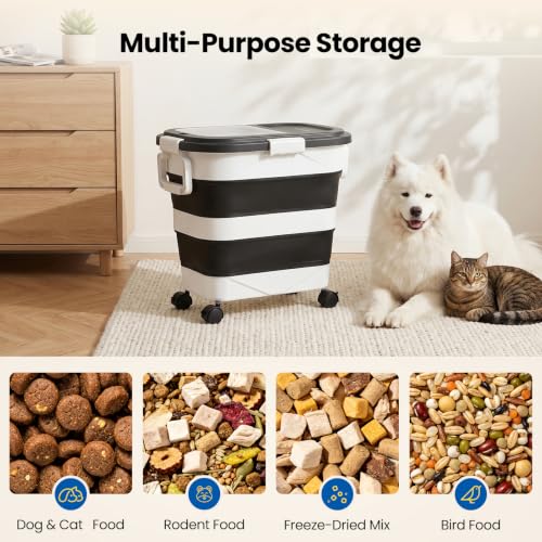 Dog Food Storage Container 30-40lbs, Airtight Pet Food Bin w/ Clear Window | Collapsible Rolling Storage Container with Wheels and Scoop; Black - color: Black-L