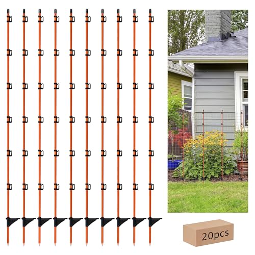 20Pcs 45in Electric Fence Post Fiberglass Stakes Temporary Fence | Electric Fence Post Temporary Fence Stakes with Clips for Cows, Sheep&Animals, Garden Protection Pole for Livestock Control
