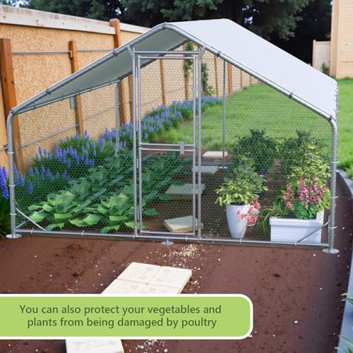 Large Metal Chicken Coop Runs for Yard with Cover, 10x6.5x6.5 | Perch Bars, Split Doors, Waterproof Covers, Mesh Wire - size: 118.1"L x 78.7"W x 78.7"H