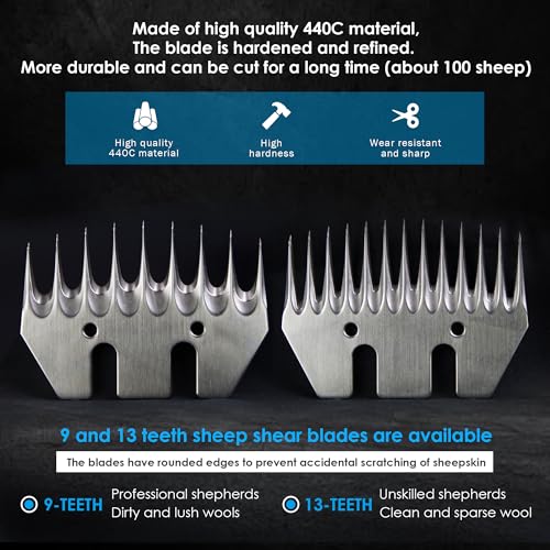 Sheep Shears Replacement Blades fit for Oster/Heiniger/GDJOB/BEETRO/Dragro/TAKEKIT Shearing Wool Clipper for Grooming Goats, Lambs, Llamas, Alpacas, Horse, Stainless Steel 13-Tooth & 9-Tooth, 2 Pack