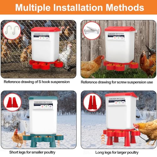 Hanging Heated Chicken Waterer, 2 Gallon Plastic Chicken Water Heater Heated Poultry Drinker, Detachable Legs, Winter and Summer Dual-use, Poultry Water Heater for Chicken Goose Duck - Red