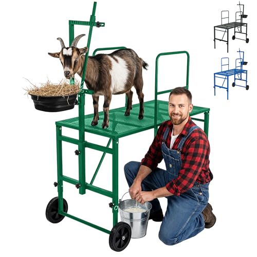 Goat Stand with Adjustable Headpiece & Legs, Goat Milking Stand with Feeder, Rails & Wheels, Stanchion for Grooming & Hoof Trimming, Sheep Stand for Shearing Heavy-Duty Steel Platform, Green - color: GREEN