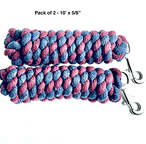 Majestic Ally Pack of 2 Solid Cotton Lead Rope for Horses & Livestock – 10 Foot Long and 5/8 inch Thick - Replaceable Heavy-Duty Satin Bolt Snap – Handmade – Soft, Broken in Feel (Navy -Burgandy) - color: Navy -Burgandy