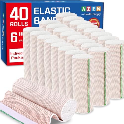 AZEN Premium 40 Pack Elastic Bandage Wrap 6 Inch, Compression Wrap Bandage for Legs, Ankle, Knee, Tummy, Body, Latex-Free, Lymphedema Wraps for Legs - color: D-40p(6in)
