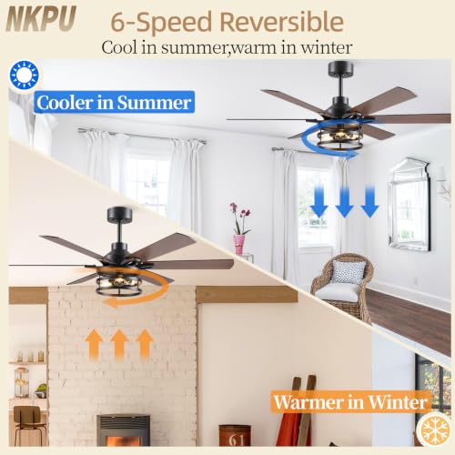 NKPU 52 Inch Farmhouse Ceiling Fan with Light and Remote, Brown Industrial Caged Rustic Ceiling Fan with 6 Speed - color: walnut