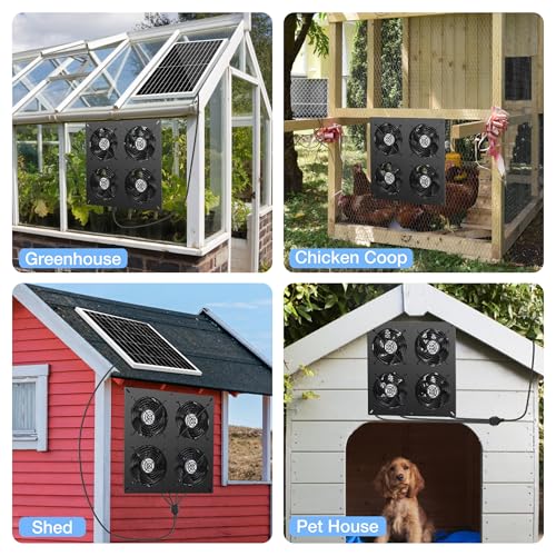 Fanspex Solar 4 Fan Kit Waterproofed for Chicken Coop, Greenhouse & Shed | High Velocity Solar Powered Fans for Outdoor Intake or Exhaust Air - size: 4 Fan Kit