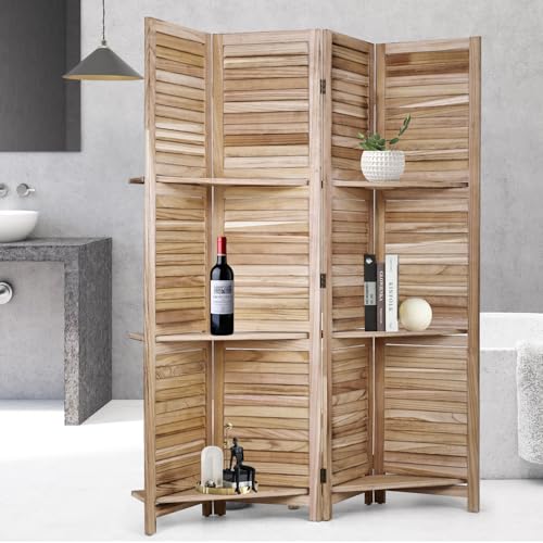 Room Divider 4 Panel Folding Wood 5.6 Ft Tall Privacy Screen Dividers Wall with Three Shelves Portable Partition (Natural) - color: Natural