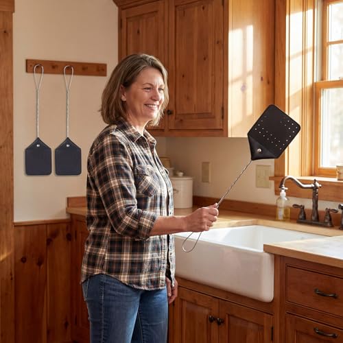 12 Pcs Leather Fly Swatters with 20 Window Sticky Fly Glue Traps, 17'' Heavy Duty Flyswatter with Durable Metal Handle, Disposable Bulk Bug Catcher for Indoor and Outdoor, Home, Kitchen