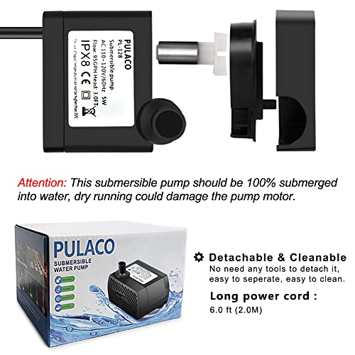PULACO 95GPH 5W Mini Water Pump with 3.3 ft Tubing | Submersible Pump for Aquarium Fish Tank, Indoor and outdoor fountain, Pet fountain, Long service life