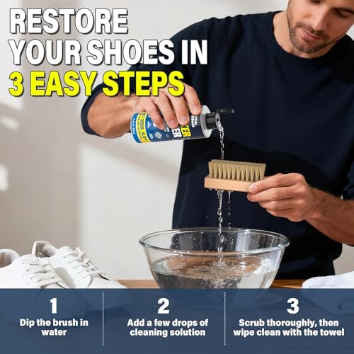 Shoe Cleaner Kit – Fast Dirt And Stain Removal, Anti-Yellowing Care | For White Shoes & Sneakers, Leather, Canvas, Mesh, Knit And Rubber, Brush & Towel Included - color: Concentrated Shoe Cleaning Kit 10.6 Oz