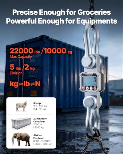 VEVOR Digital Crane Scale, 22000 lbs/10 T Max Capacity, Heavy Duty Industrial Hanging Scale with Cast Aluminum Case & LCD Display, 5 lbs Division & 3 Unit Switch, Remote Control for Garage Factory