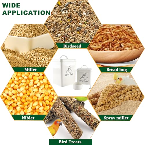 Set of 2 Metal Bird Seed Storage Container,Combined 8lbs Bird Seed Container with Scoop,Wild Bird Food Bins for Storing Sunflower Seed-Sturdy and Squirrel proof-6''x9''+5''x5''-White