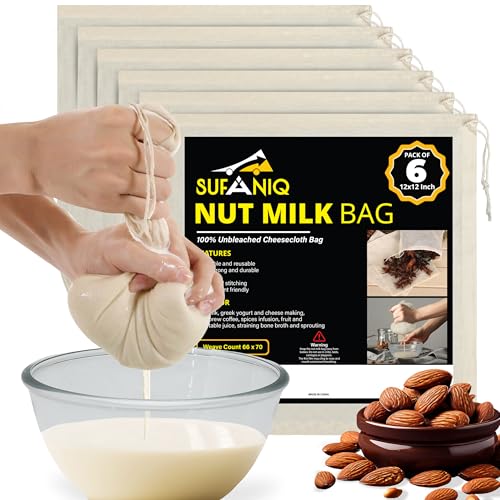 Nut Milk Bag - 6 Bags (12 x 12 Inch) 100% Unbleached Cotton Cheese Cloth Bag for Straining, Premium Nut Milk Bag Reusable, Nut Bag Strainer for Almond, Soy, Oat Milk, Juices, Cheese Making - size: 12x12 / 6 pieces