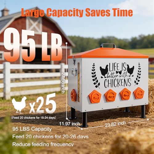 Tgeyd 95LB Large Chicken Feeder for Backyard Flocks, 10-Port and Galvanized | Galvanized steel, anti-roost roof, feed window, adjustable legs. For 10-20 chickens, ducks, geese. Low-maintenance backyard. - size: 95LB