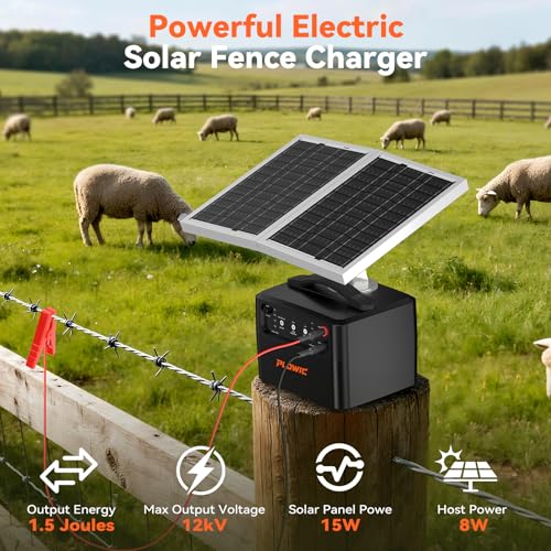 Solar Electric Fence Charger for Livestock: 30 Miles Solar Fence Charger, 12KV 1.5J Output Electric Fence Energizer with 12000mAh Battery, 15W Solar Panel, IP65 Waterproof for Poultry Garden