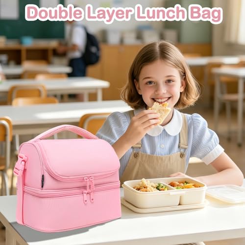 FlowFly Double Decker Cooler Insulated Lunch Bag Large Tote for Boys, Girls, Men, Women, With Adjustable Strap,Pink - color: Pink#All