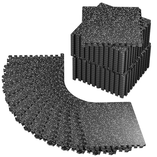 PRAISUN 0.56" Rubber Top Gym Flooring, Heavy Duty Gym Mats for Home Gym | Non-Slip Interlocking Workout Mat, 24 x 24in Large Gym Floor Mat, Protect Floors from Equipment, 144 Sq Ft, Black/Grey - size: 36 Tiles (144 Sq Ft)