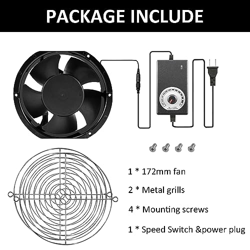172mmx51mm High-Speed Dual Ball Axial Ventilation Fan with Adjustable Speed | High CFM IP44 Industrial Ventilation Fan for High Humidity in Bathrooms, Crawlspaces, Chicken Coops, Lasers, Cooled Storage - size: 172x51mm