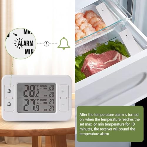 Refrigerator Thermometer, Digital Freezer Thermometer with 2 Wireless Temperature Monitor Sensors, Big LCD Display, Min/Max, Audible Alarm for Home Restaurants Fridge