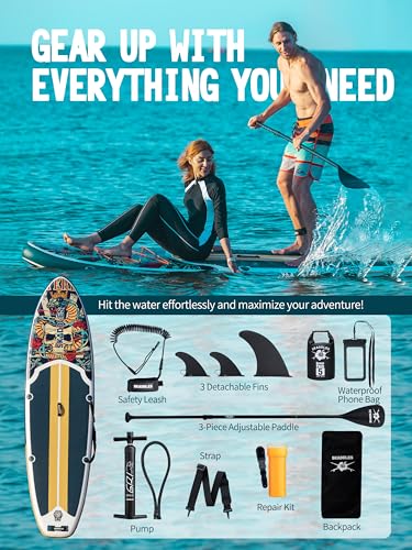 10’6’’ Inflatable Stand Up Paddle Board (SUP) for Adults and Youth with Non-Slip Deck – Complete Accessories Kit, for Fishing, Yoga, Fitness & Family Fun - color: Retro Skullz