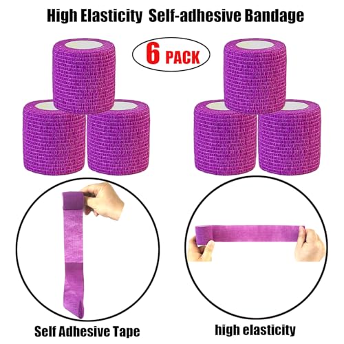 2 Inches Self Adhesive Bandage Wrap Bulk, 6 Pack, Purple | Breathable Self Adhesive Vet Tape for Pets, Stretchy Sports Cohesive Bandage Wrap for Athletic, Wrist and Ankle - color: Purple