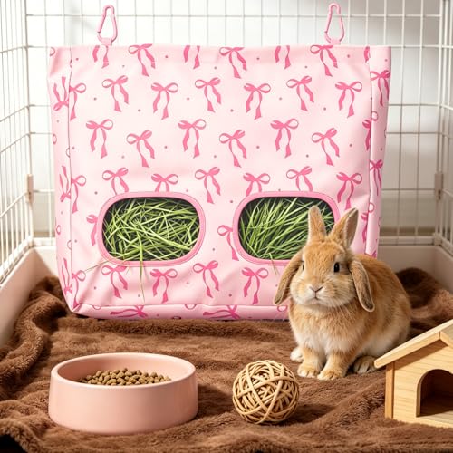 JarThenaAMCS 2Pcs Rabbit Hay Feeder Bag with 2 Holes Pink Bow Guinea Pig Hanging Hay Feeding Bag Large Storage Dispenser for Chinchilla Hamster Bunny Small Animal Pet - size: 13 x 11.4 inch