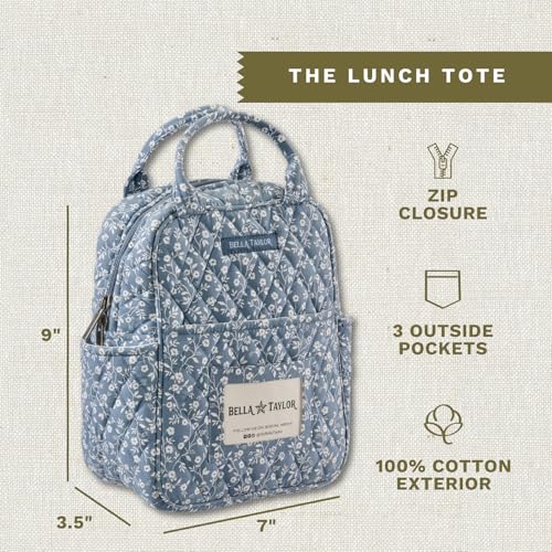 Bella Taylor Lunch Tote, Quilted Lunch Bag, Heritage Blue Floral | Lightweight quilted cotton lunch box, easy-to-clean PEVA lining, 3 outside/1 inside pocket, durable construction - color: Heritage Blue Floral