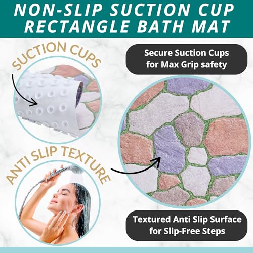 ENKOSI Non Slip Shower Mat – Bath Mat for Tub and Shower Floors – Anti Slip Bathtub Mat with Strong Suction Cup Grip – Unique Design Soft Bathroom Mat for Inside Baths and Showers (28x16 Stone Path) - color: Stone Path