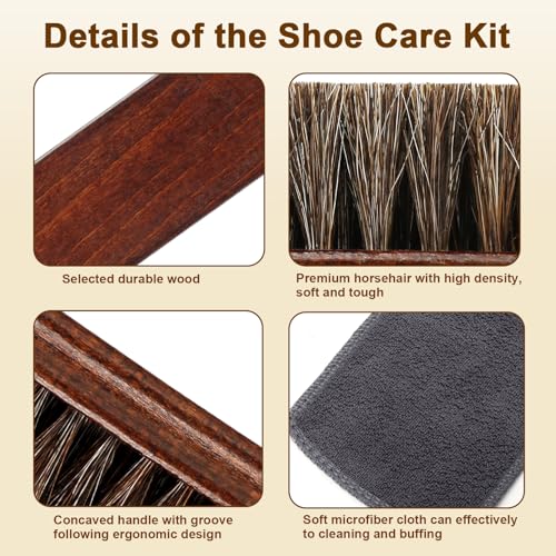 3-Piece 100% Horse Hair Shoe Brush Kit for Leather Care – Professional Dauber Applicators and Polishing Brushes with Cleaning Cloth for Leather Shoes, Boots, Bags, Jackets & Car Detailing