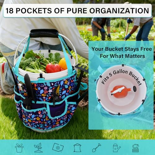 KUNN Bucket Tool Organizer 5 Gallon with Hangable Handle 18-Pocket Detachable Bucket Bag for Tools, Garden Caddy Tote with Pockets, Heavy Duty 600D Polyester Gardening Accessory,Blue - color: Navy Bloom